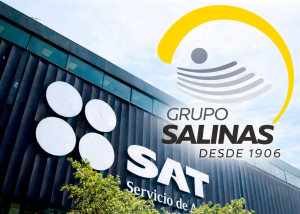 Logotipo de Grupo Salinas superpuesto sobre la fachada del SAT en México.