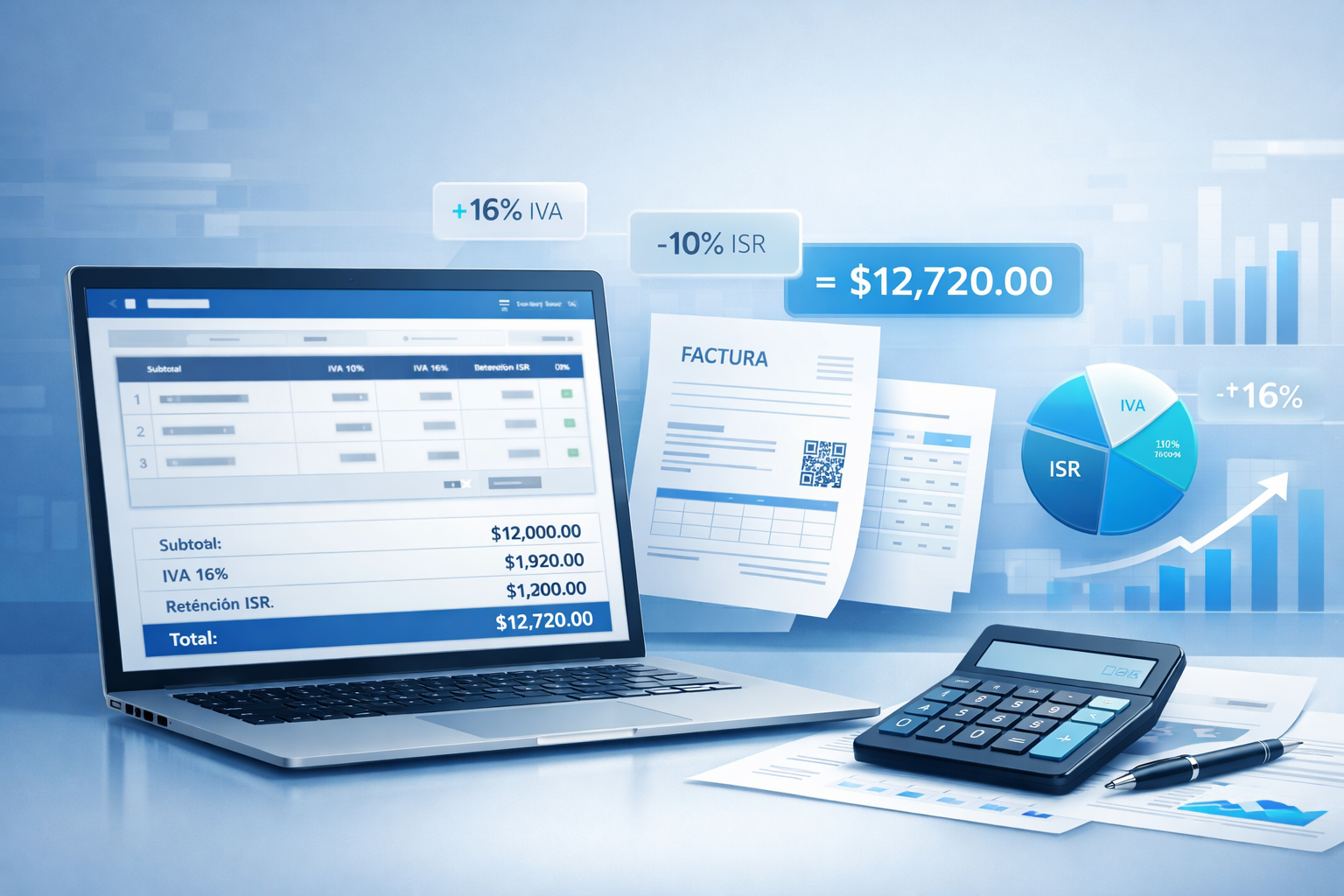 Calculadora de facturación con desglose de subtotal, IVA, ISR y total en interfaz digital para contadores.